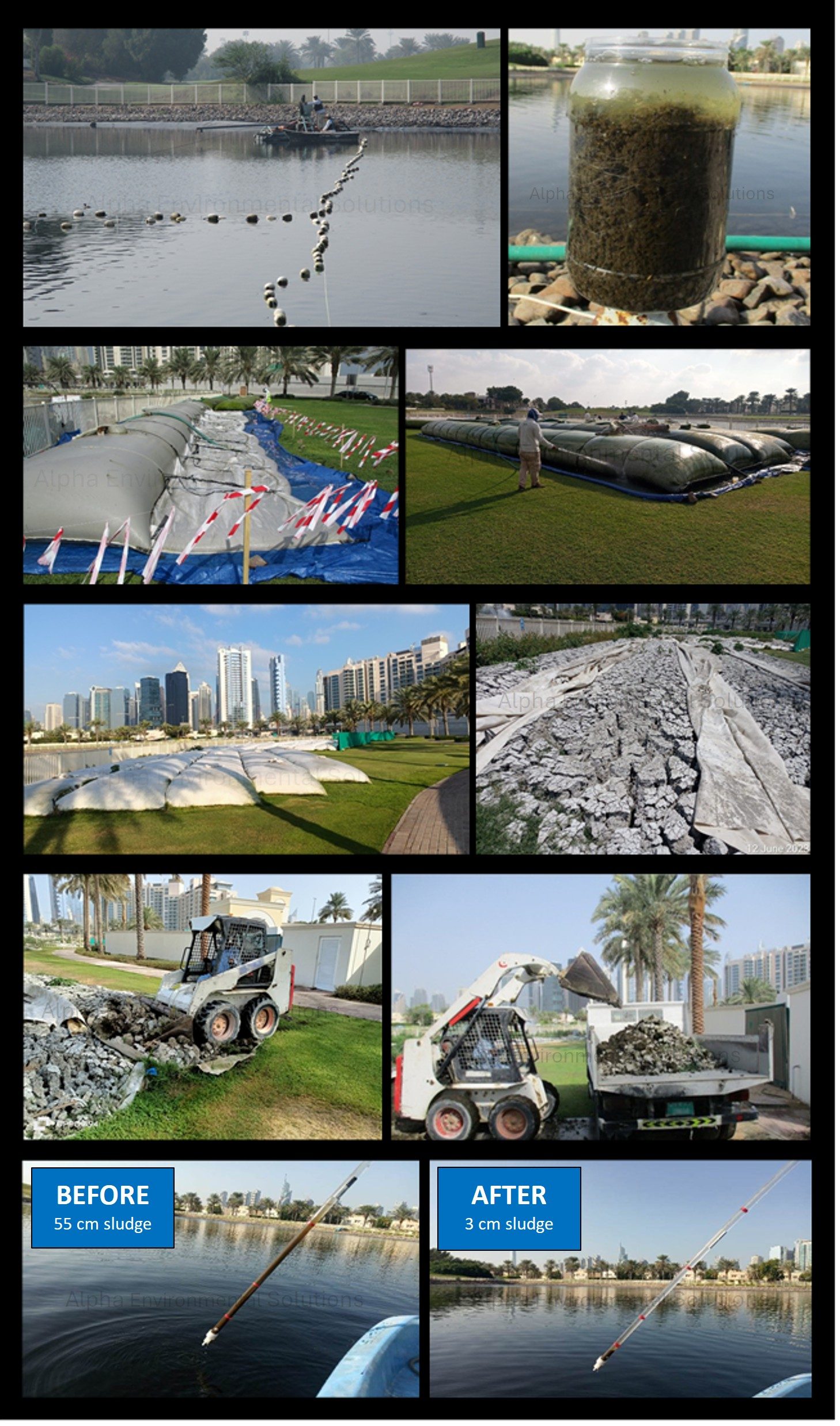 Sludge removal from a golf course irrigation lake in Dubai by Alpha Environmental Solutions, showing suction dredging, geotextile dewatering tubes, licensed disposal and sludge depth reduced from 55 cm to 3 cm