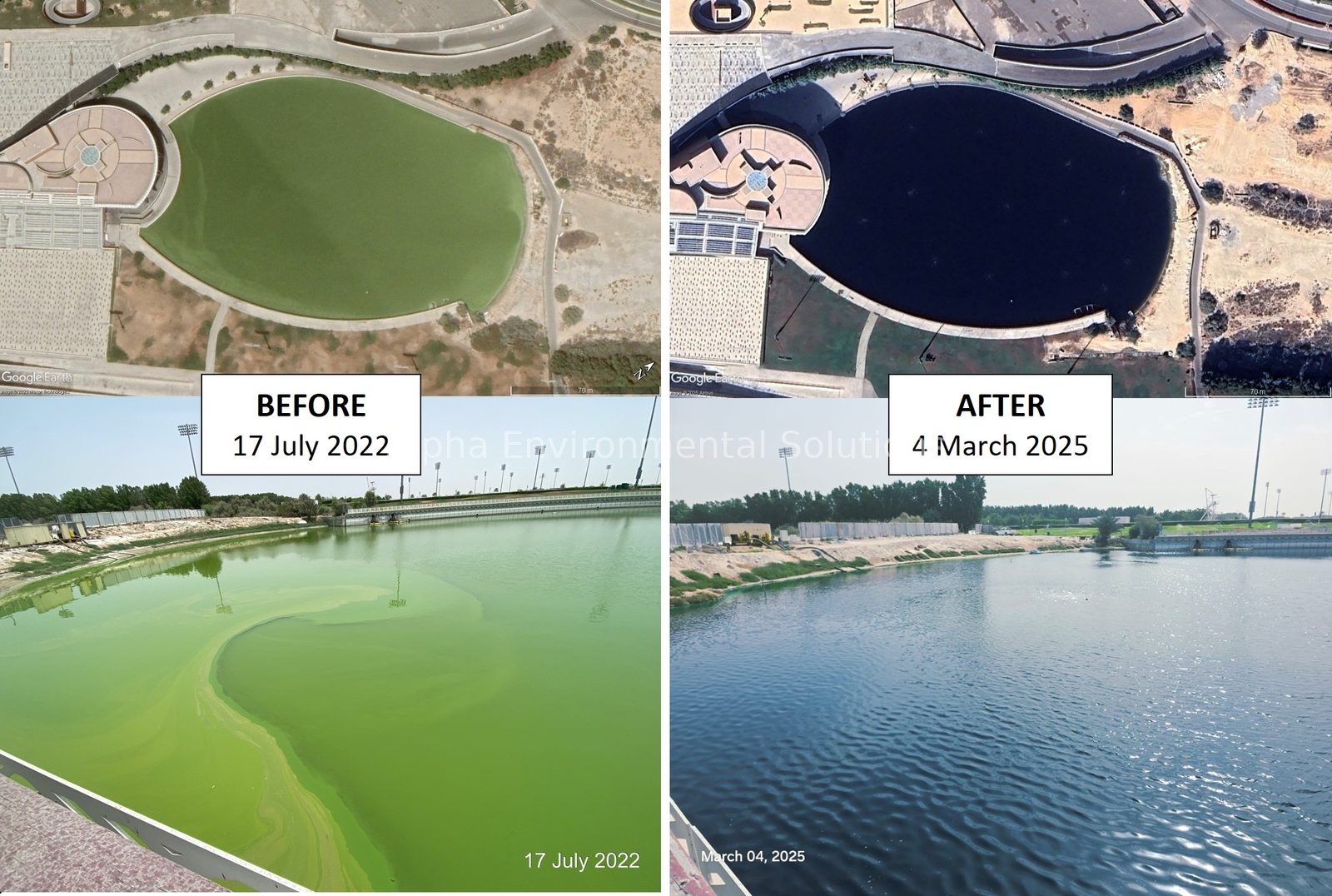 Community lake in Dubai before and after Alpha Environmental Solutions installed a bottom aeration system, showing a heavy algal bloom cleared and clear water restored
